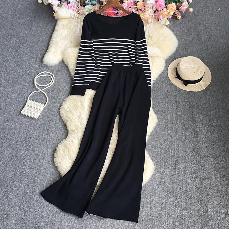 Womens Sweaters 2024 Autumn Winter Striped Shirts Pants Suits Long Sleeve Loose Knitted Jumper Tops Crepe Y2k 2PCS Set Outfits