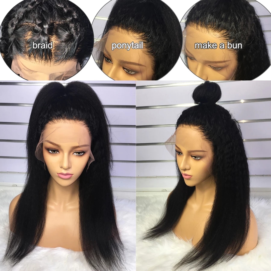 Kinky Straight Lace Front Human Hair Wigs hd Transparent Lace Frontal Wigs Pre Plucked 130% Density Yaki Straight brazilian hair Wig
