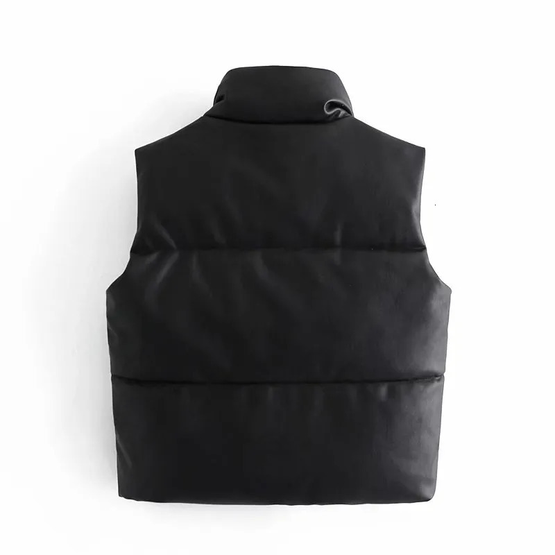 Women's Vests Fashion Streetwear Women Puffy Vest Winter Thick Parkas Jacket Black PU Female Coats Faux Leather Down Waistcoat Loose Lady Vest 23