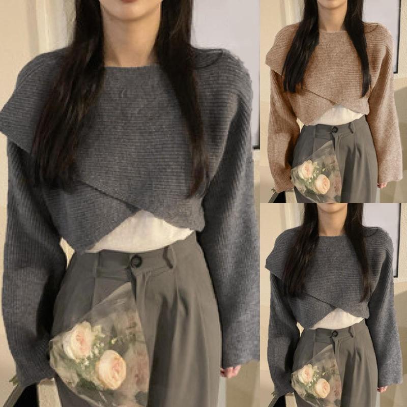 Womens Sweaters Women Short Knit Sweater Long Sleeve Solid O Neck Irregular Hem Loose Pullovers Mens Small