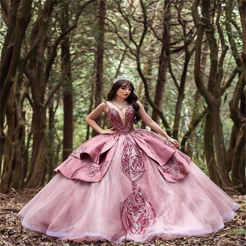 Luxury Pink Vestidos De 15 Quinceanera Dress 2024 Princess Sequin Ball Gown Sweet 15 Birthday Dress Glitter Xv Charro Prom Gowns Vestidos 16 Debutante