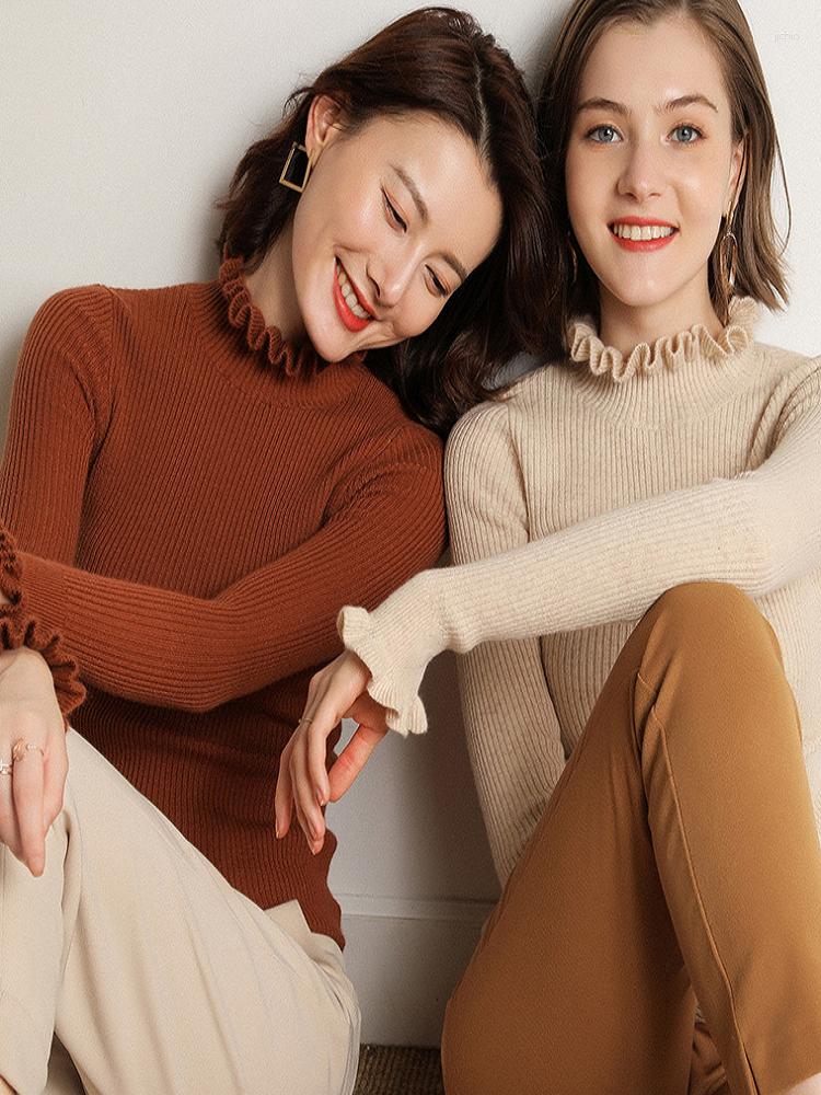 Womens Sweaters 2024 Autumn/Winter Sweater Knitwear Female Lace Sleeve Lotus Leaf Collar Wood Ear Bottoming Shirt Temperament Slim