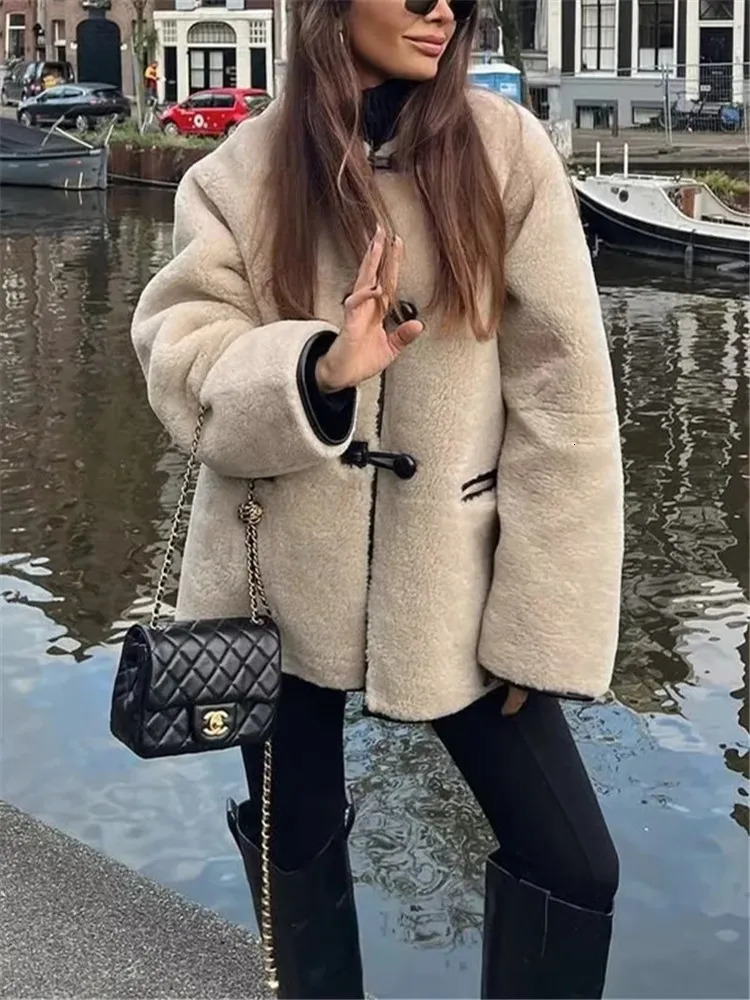 Women's Jackets TRAF Faux Fur Coat Women Faux Leather Button Fluffy Jacket For Women Warm Winter Jackets Woman Fall Streetwear Women's Coat 