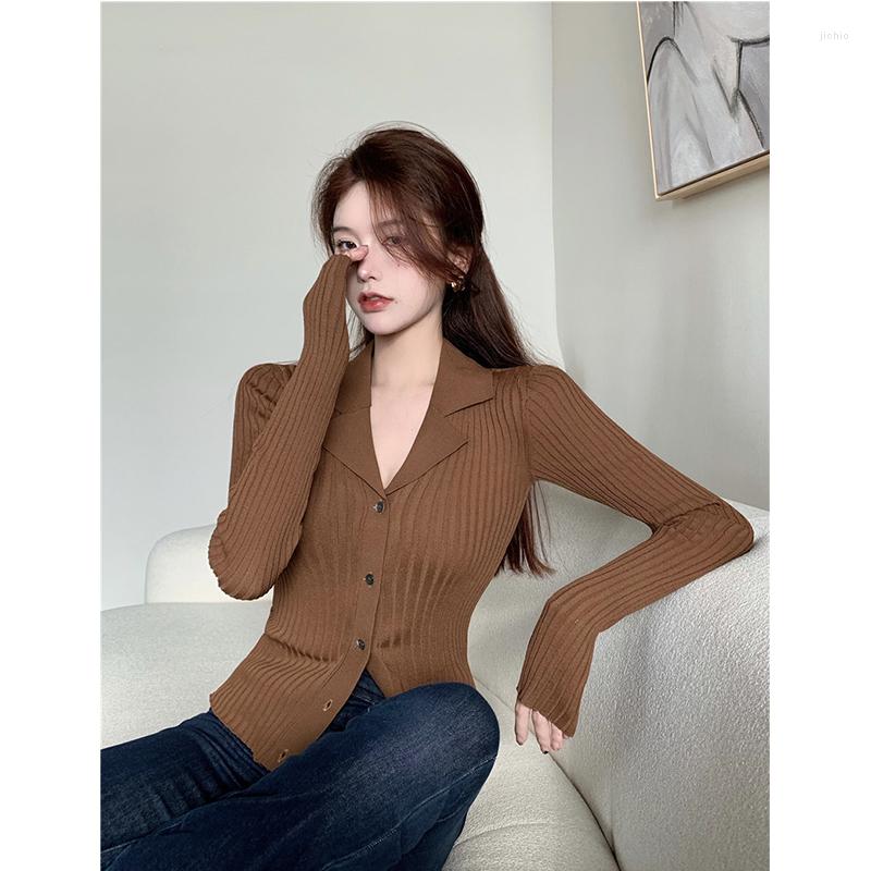 Womens Sweaters 2024 Autumn Retro Design Feeling Pullover For Versatile Slim Fit Solid Color Polo Collar Long Sleeve Top