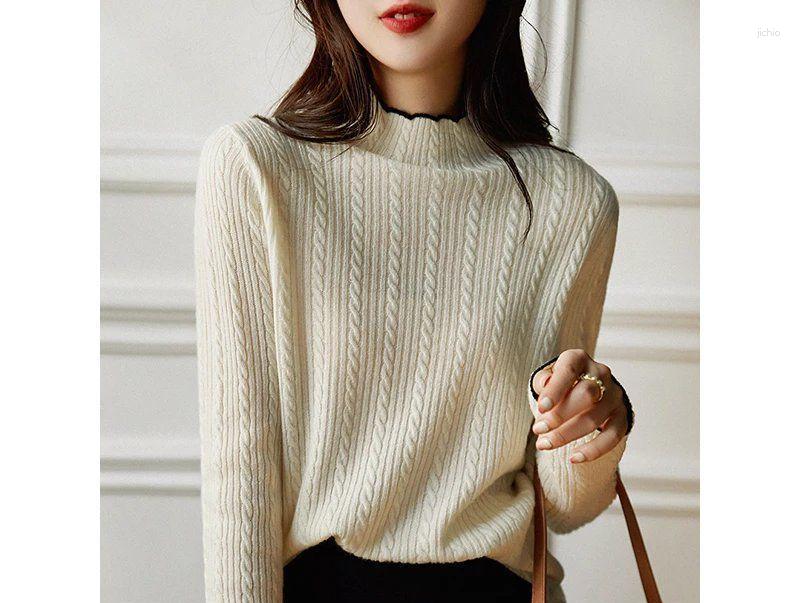 Womens Sweaters Vintage Fashion Autumn Winter Half High Neck Sweater For Women Slim Fit Pit Stripe Solid Color Comfortable Underlay Top