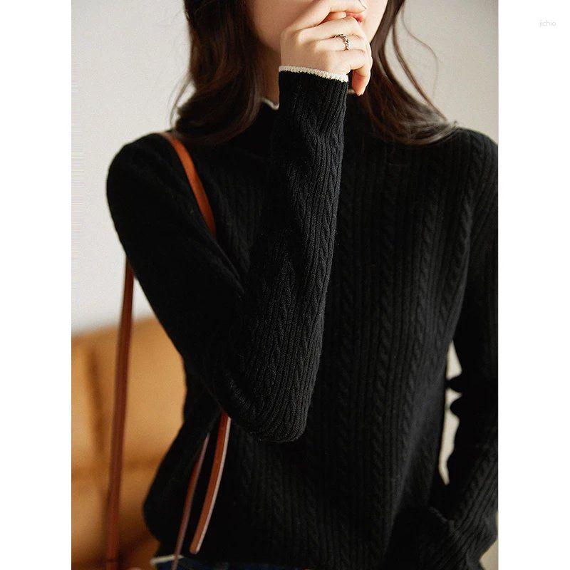 Womens Sweaters Vintage Fashion Autumn Winter Half High Neck Sweater For Women Slim Fit Pit Stripe Solid Color Comfortable Underlay Top