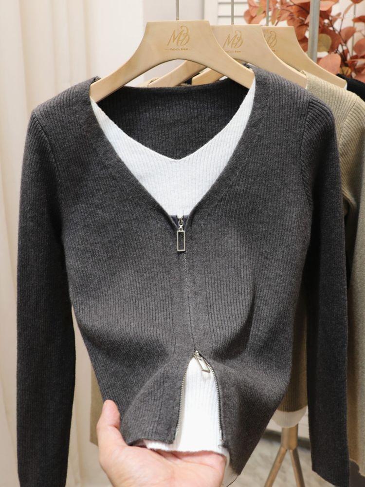 Womens Sweaters Women Connected V-neck Knitting Pullovers Girls One-Piece Full Sleeve Knitwear Clothing Femme Casual Jumpers