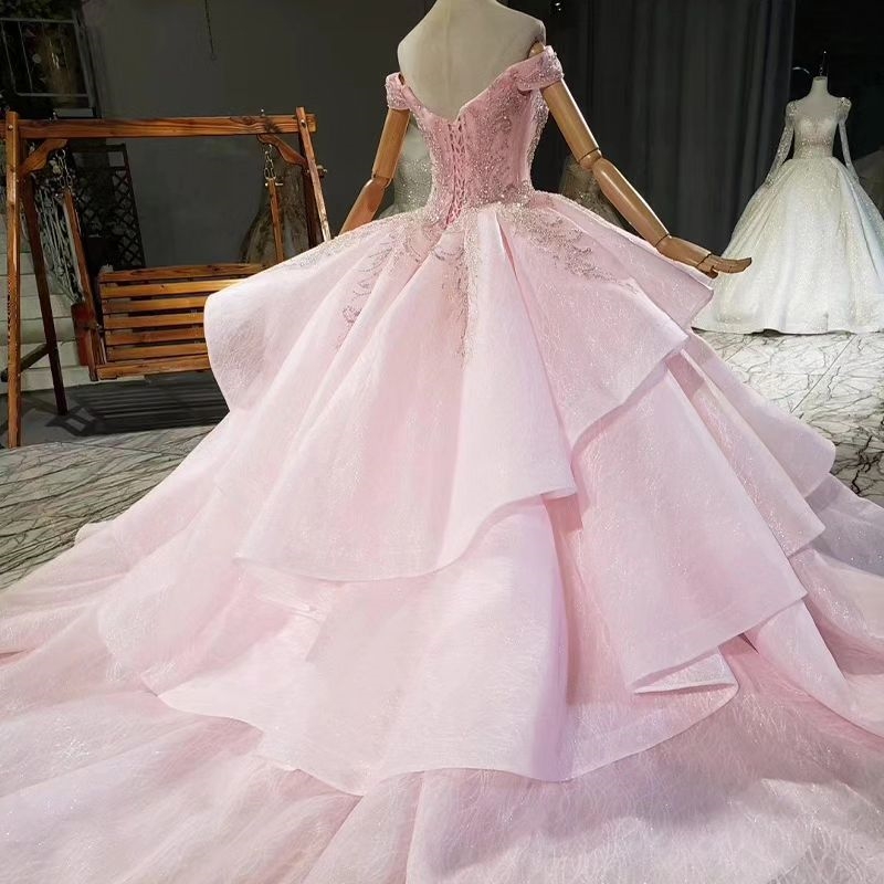 2024 Pink Sparkly Sweetheart Quinceanera Dresses Ball Gown Off The Shoulder Beading Sequined Tiered Sweet Vestidos De 15 Girls