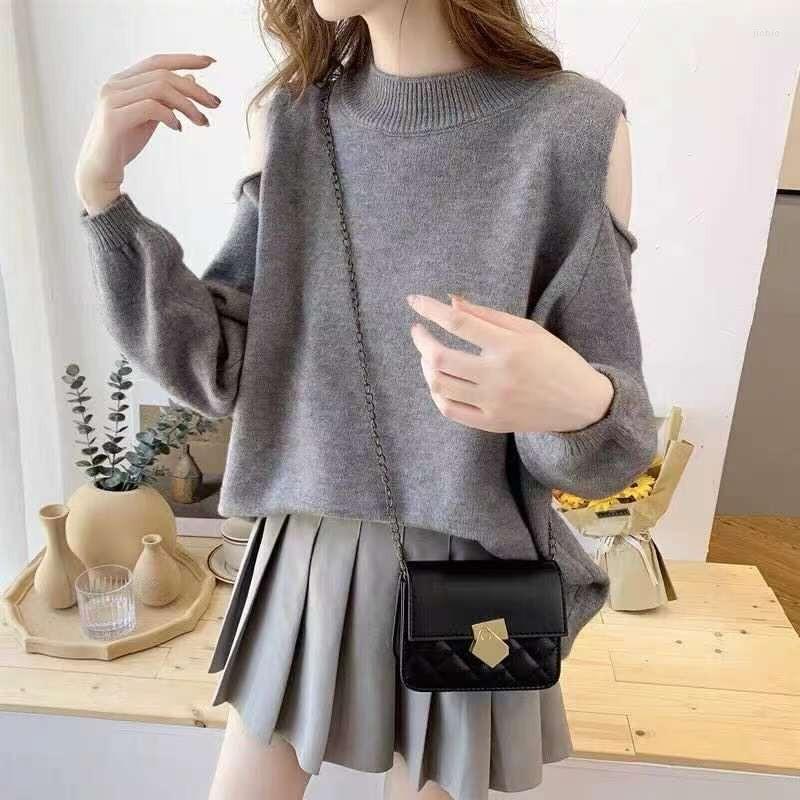 Womens Sweaters Solid Color Knitted Top Off Shoulder Sweater For Women Autumn And Winter 2023 Round Neck Long Sleeve