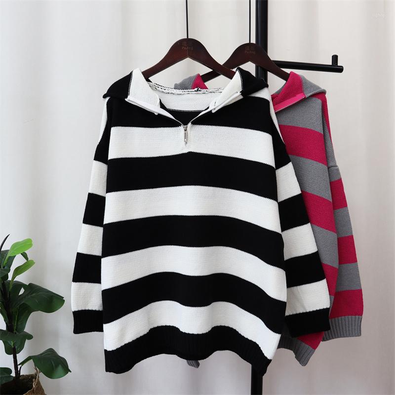 Womens Sweaters Hsa 2023 Contrast Color Striped Zipper Hooded Sweater Fashion Loose Retro Soft Glutinous Lazy Style Long Sleeve Tops