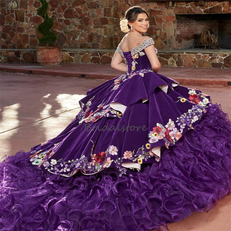 Luxury Charro Black Quinceanera Dress 2024 Mexican Costume Ball Gown Tiered Flowers Sweet 15 Years Birthday Dress Vestido De Xv Vestidos Debutantes Ma