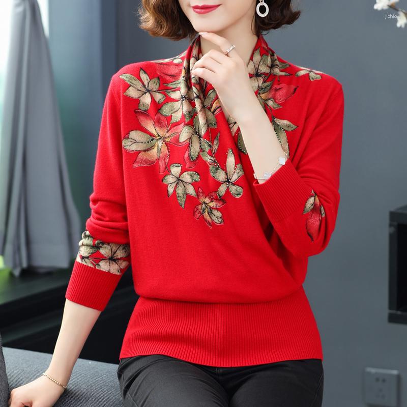 Womens Sweaters Floral Sweater 2023 Autumn Winter V-neck Knitted Pullover Long Seeve Mothers