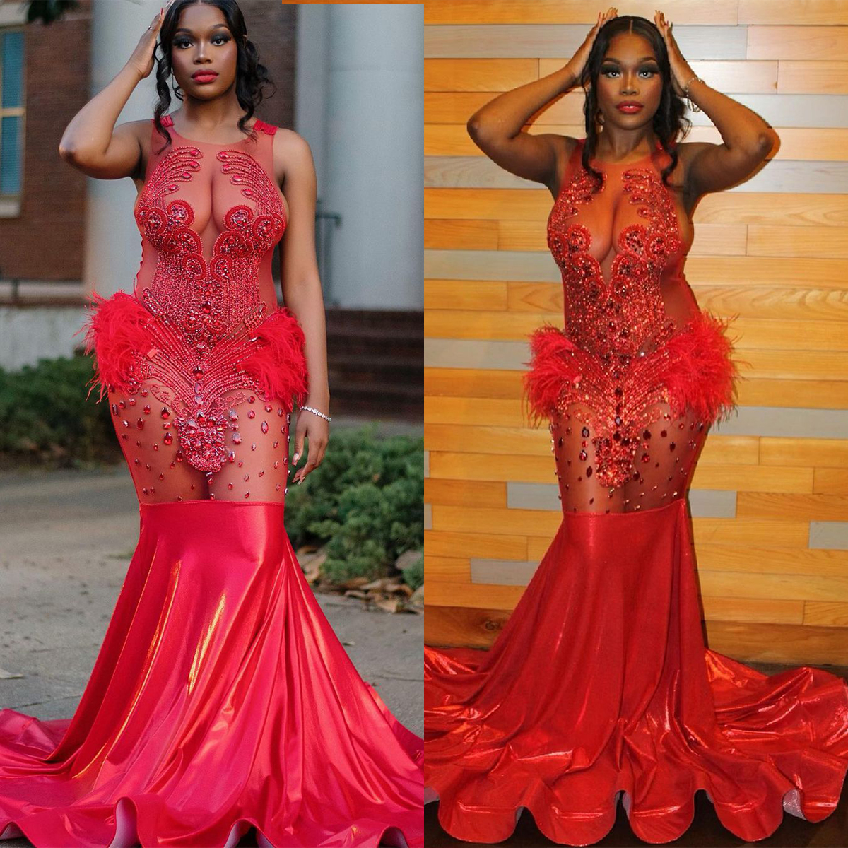 Plus Size Arabic Red Mermaid Evening Dresses Beaded Sequins Feather Formal Party Prom Gowns Sexy See Through Dress