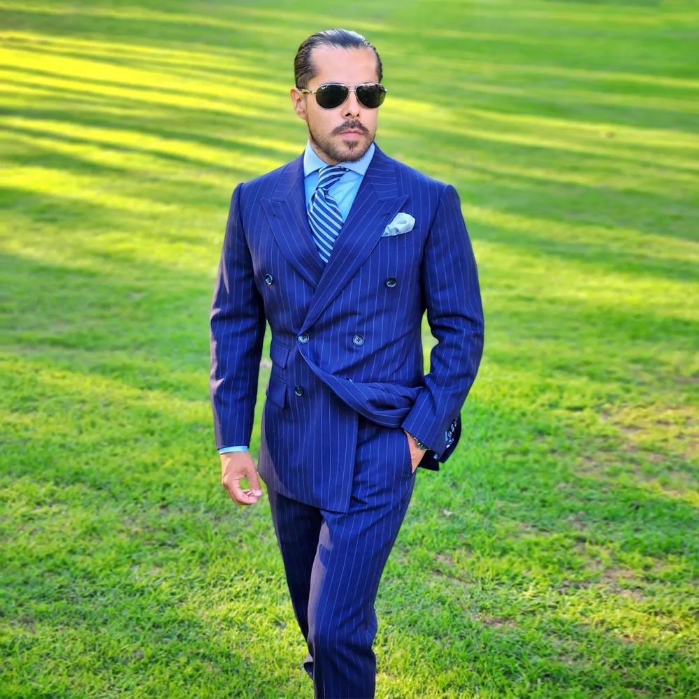 Navy Wedding Tuxedos Vertical Stripe Mens Suits 2 Pieces Sets Blazers For Groomsmen Double Breasted Peaked Lapel Formal Suit With Jacket And Pants