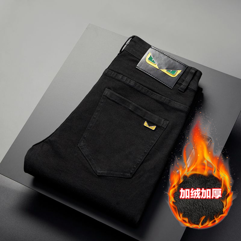 New JEANS Pants pant Men's trousers Stretch FLEECE thickening winter DDicon Embroidered close-fitting jeans cotton slacks washed straight busines
