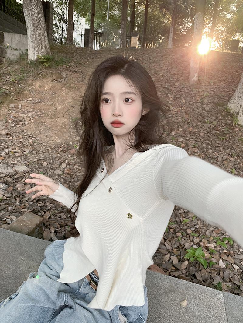 Womens Sweaters 2024 Autumn Korean Fashion V-Neck Long Sleeve Knit Pullover Solid Color Temperament Slim Casual Top