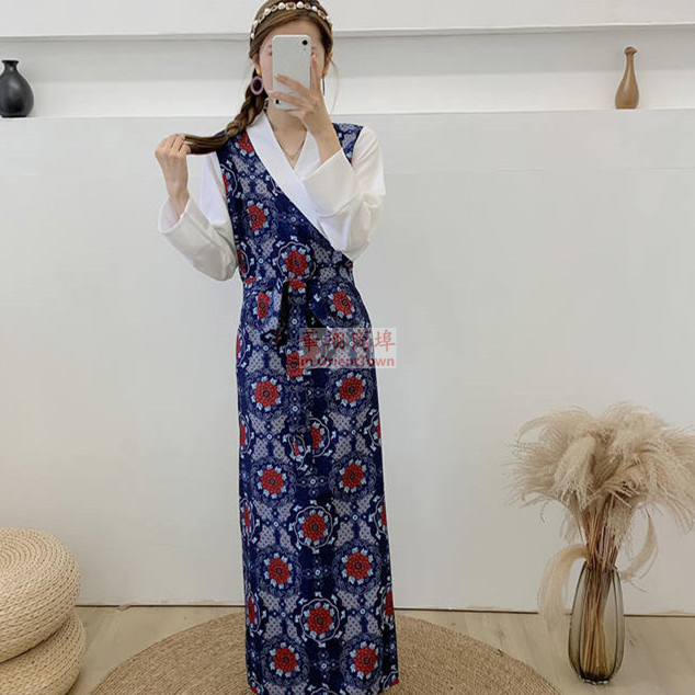 Tibetan Women Spring and Autumn Flower pattern Lhasa Clothing Travel Photography Tibet Robe Modern Chinese National Dress