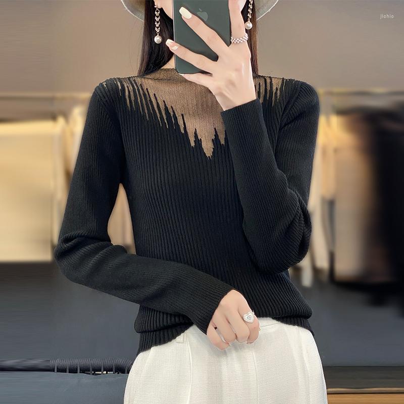 Womens Sweaters Commuter Semi-Turtleneck Worsted Wool Sweater Autumn And Winter Lace Mesh Stitching Slim Bottoming Shirt Top