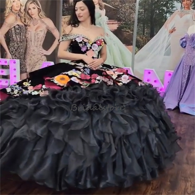 Luxury Charro Black Quinceanera Dress 2024 Mexican Costume Ball Gown Tiered Flowers Sweet 15 Years Birthday Dress Vestido De Xv Vestidos Debutantes Ma