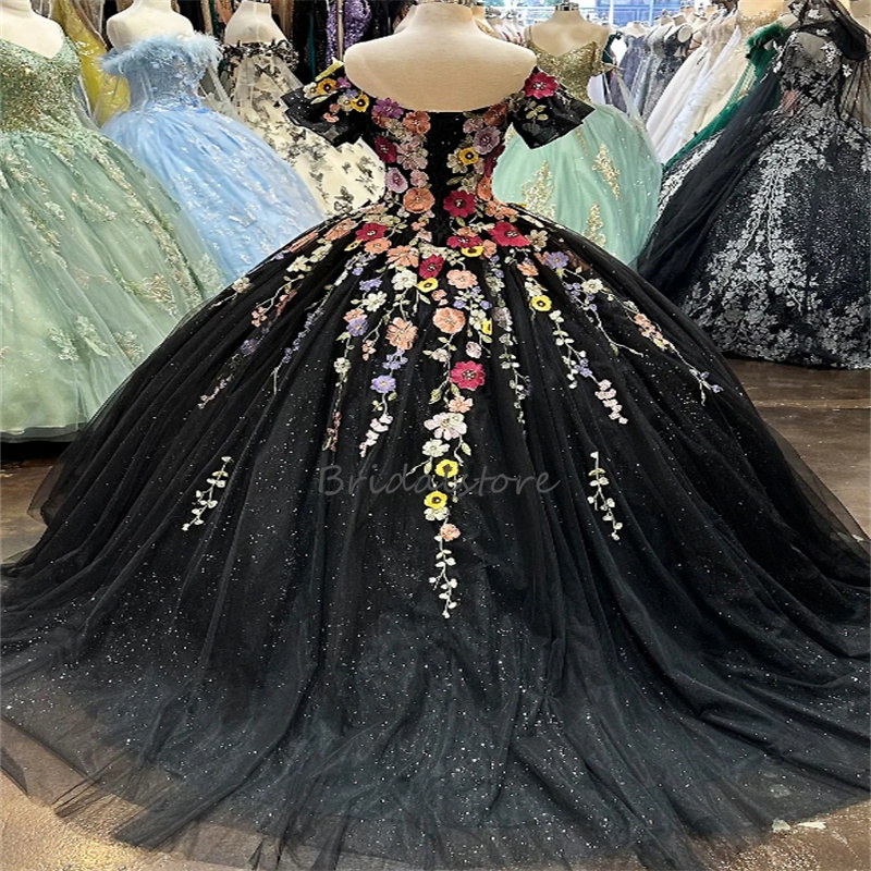 Shiny Charro Black Mexican Quinceanera Dress 2024 Colorful Florals Glitter Sequin Vestidos De 15 Anos Lace Up Birthday Party Masquerade vestidos de ga