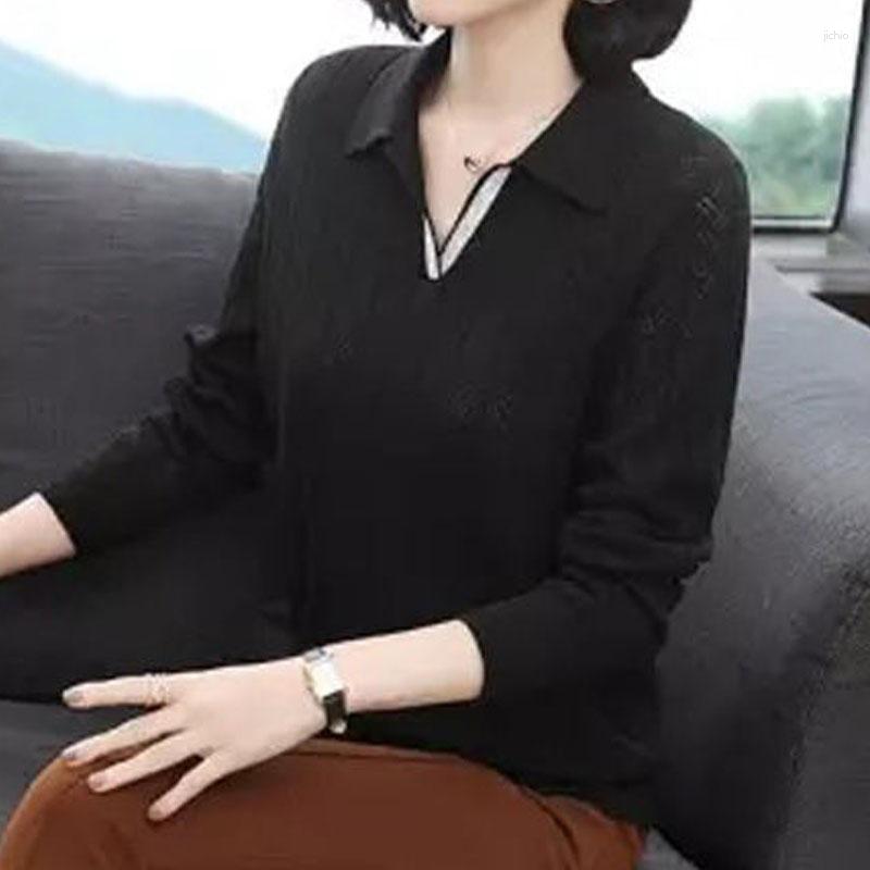 Womens Sweaters Spring Autumn Office Lady Solid Color Turn-down Collar All-match Basic Long Sleeve Hollow Out Jumpers Clothing