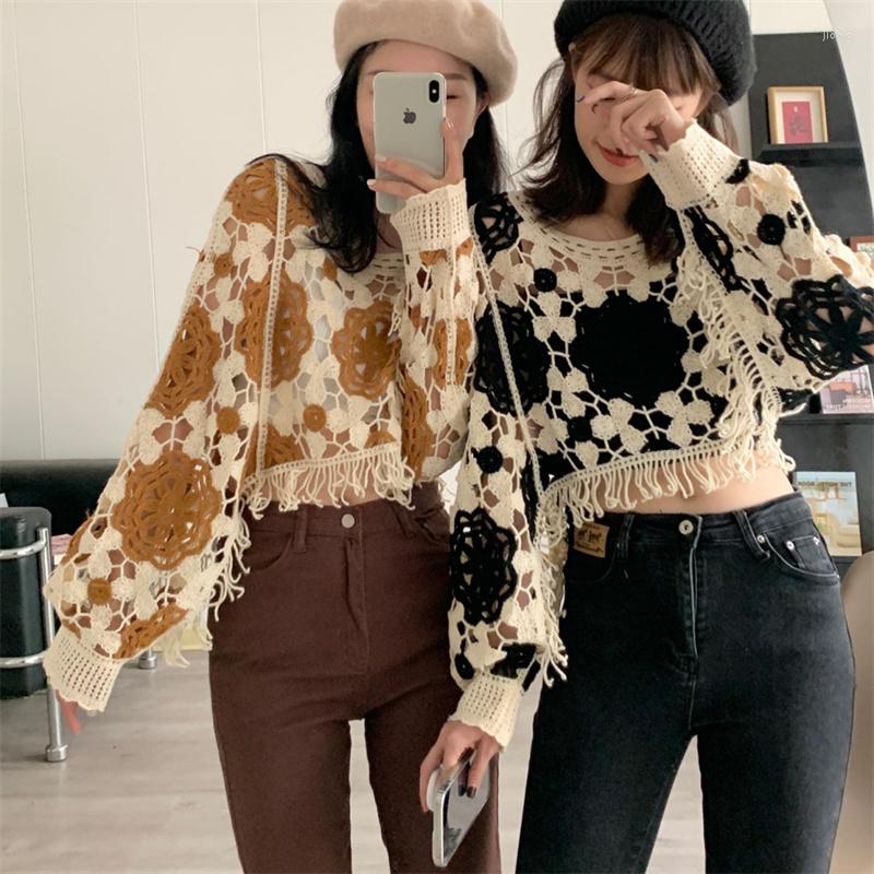 Womens Sweaters Korean Cropped Knit Sweater Spring Autumn Fashion Sweet Long Sleeve Casual Crochet Tassels Hollowed Out Pullover For Women