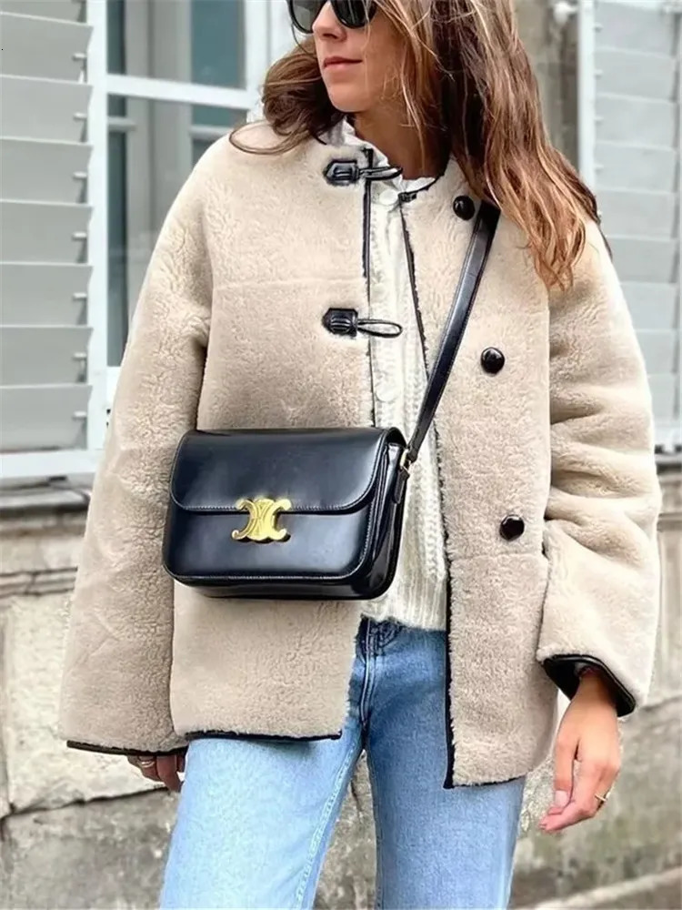 Women's Jackets TRAF Faux Fur Coat Women Faux Leather Button Fluffy Jacket For Women Warm Winter Jackets Woman Fall Streetwear Women's Coat 