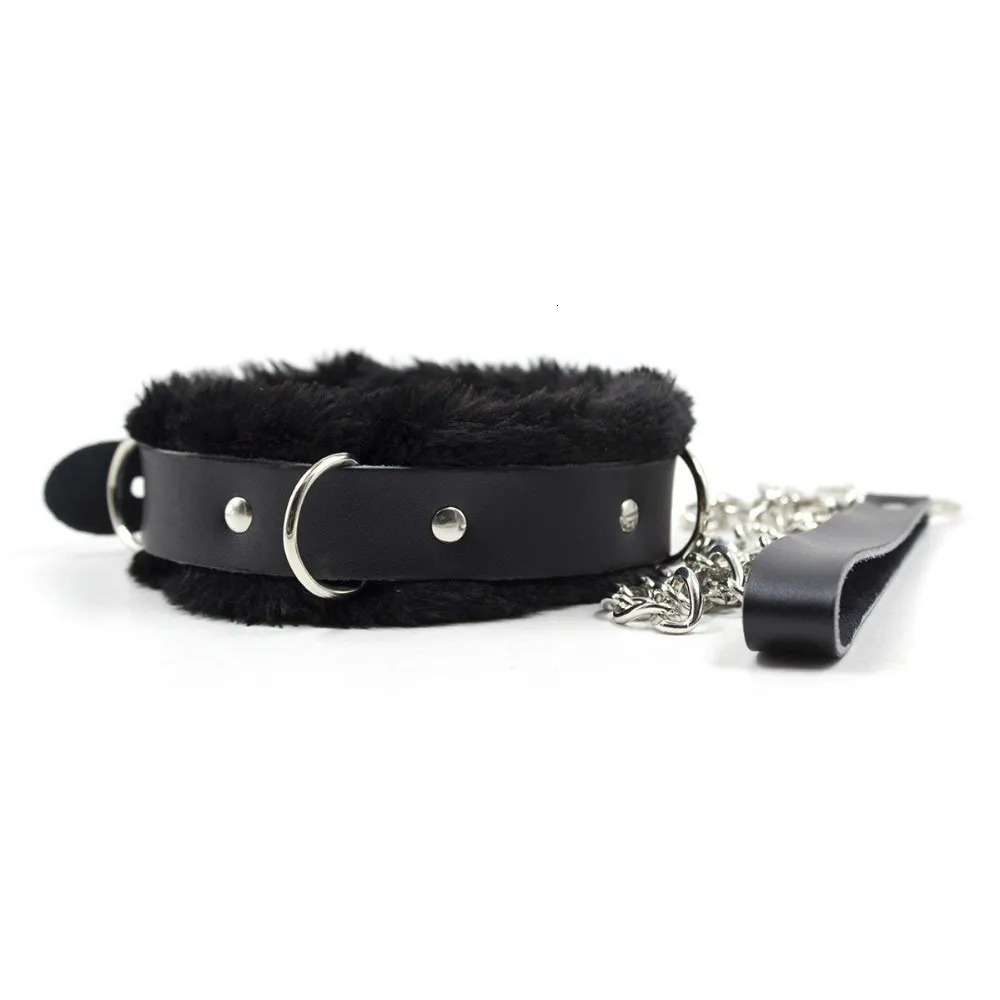Chokers Woogge Adjustable Black Real Leather Neck Collar with Chain Leash Faux Fur Lined D Choker Necklace Animal Pet Accessories 231007
