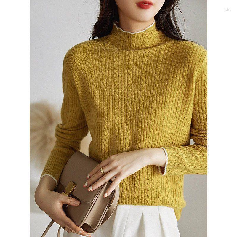 Womens Sweaters Vintage Fashion Autumn Winter Half High Neck Sweater For Women Slim Fit Pit Stripe Solid Color Comfortable Underlay Top