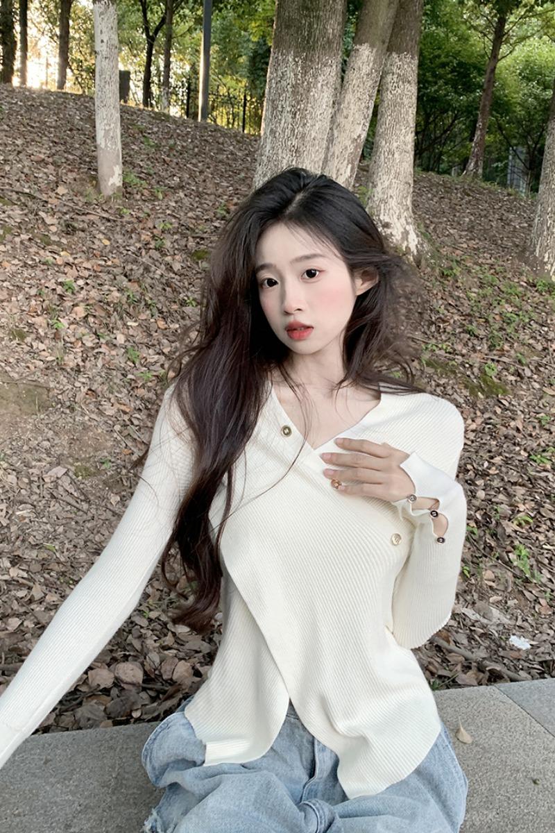 Womens Sweaters 2024 Autumn Korean Fashion V-Neck Long Sleeve Knit Pullover Solid Color Temperament Slim Casual Top