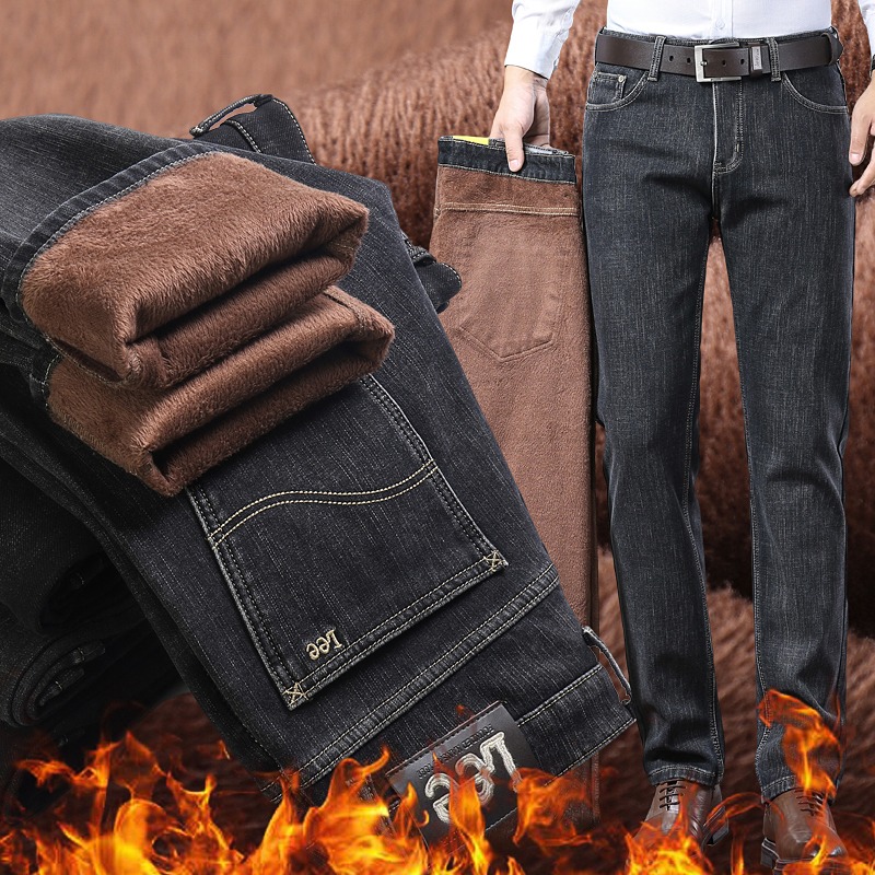 New JEANS Pants pant Men's trousers Stretch FLEECE thickening winter DDicon Embroidered close-fitting jeans cotton slacks washed straight busines