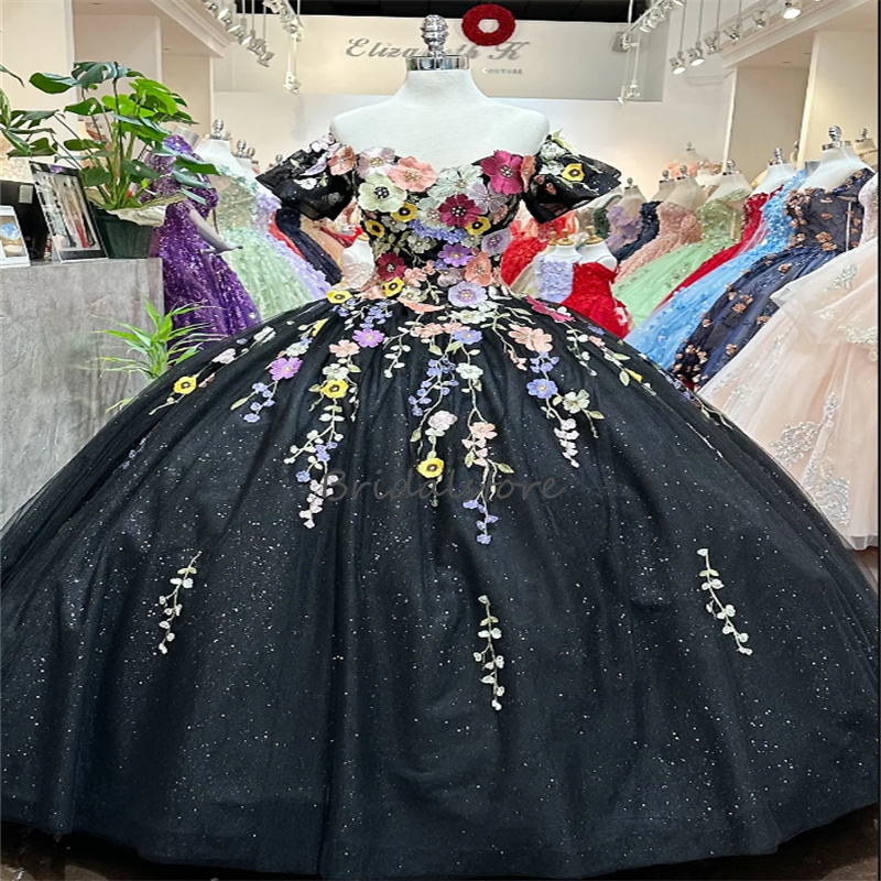 Shiny Charro Black Mexican Quinceanera Dress 2024 Colorful Florals Glitter Sequin Vestidos De 15 Anos Lace Up Birthday Party Masquerade vestidos de ga