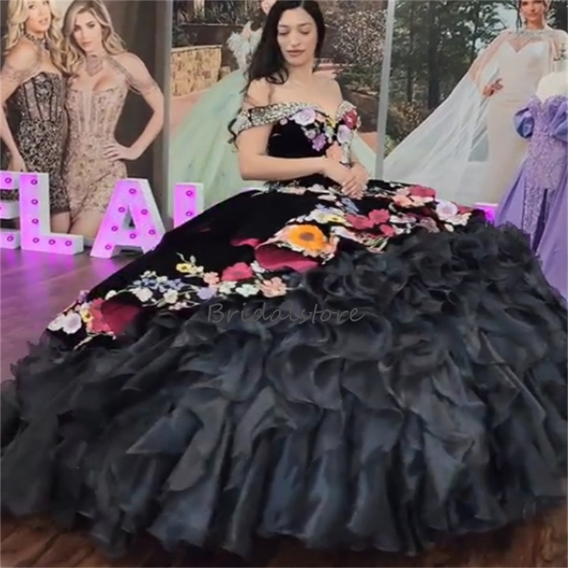 Luxury Charro Black Quinceanera Dress 2024 Mexican Costume Ball Gown Tiered Flowers Sweet 15 Years Birthday Dress Vestido De Xv Vestidos Debutantes Ma