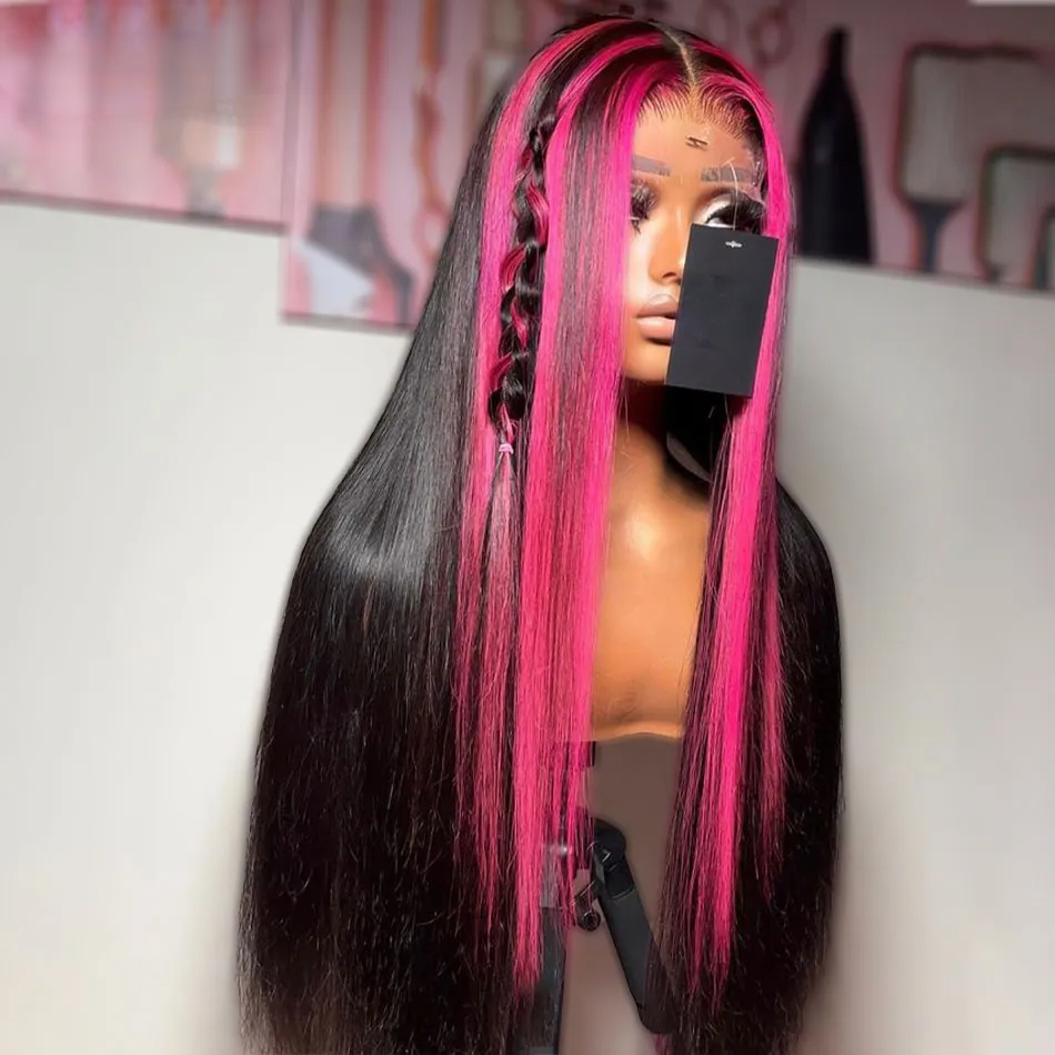 Brazilian Pink Highlight Colored Wig 360 Lace Front Human Hair Wigs HD Transparent Lace Frontal Wig Long Straight Synthetic Wig For Women