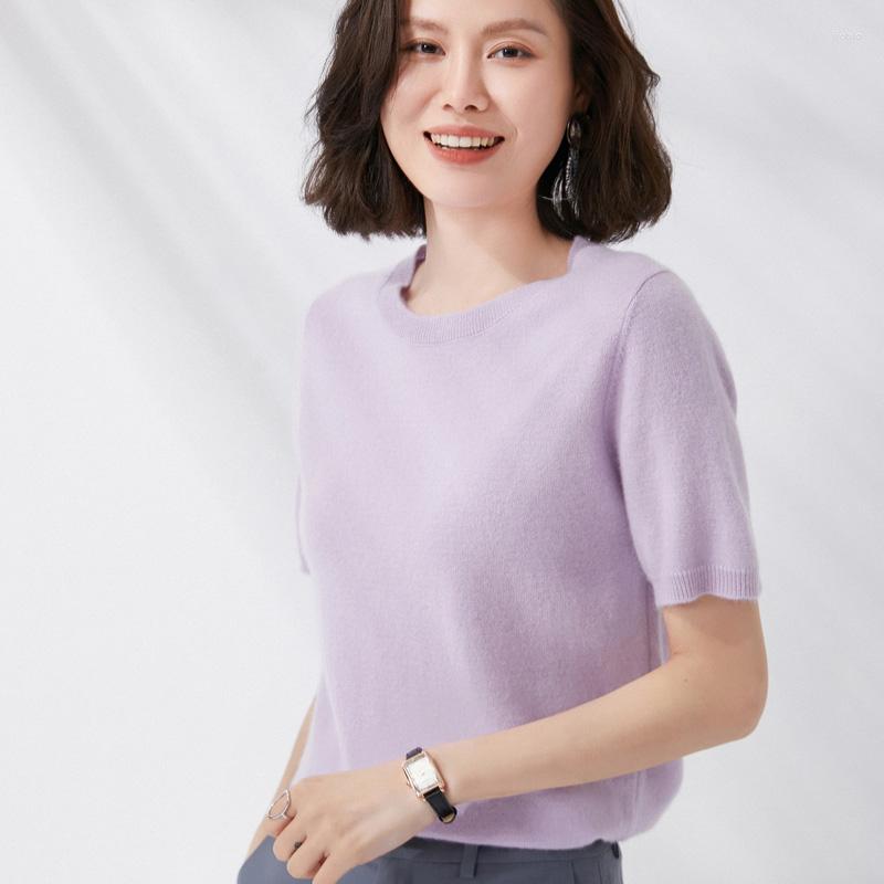 Womens Sweaters Pullover Spring/Summer Wool Sweater Short Sleeve Casual Solid Color Round Neck T-Shirt Ladies Top