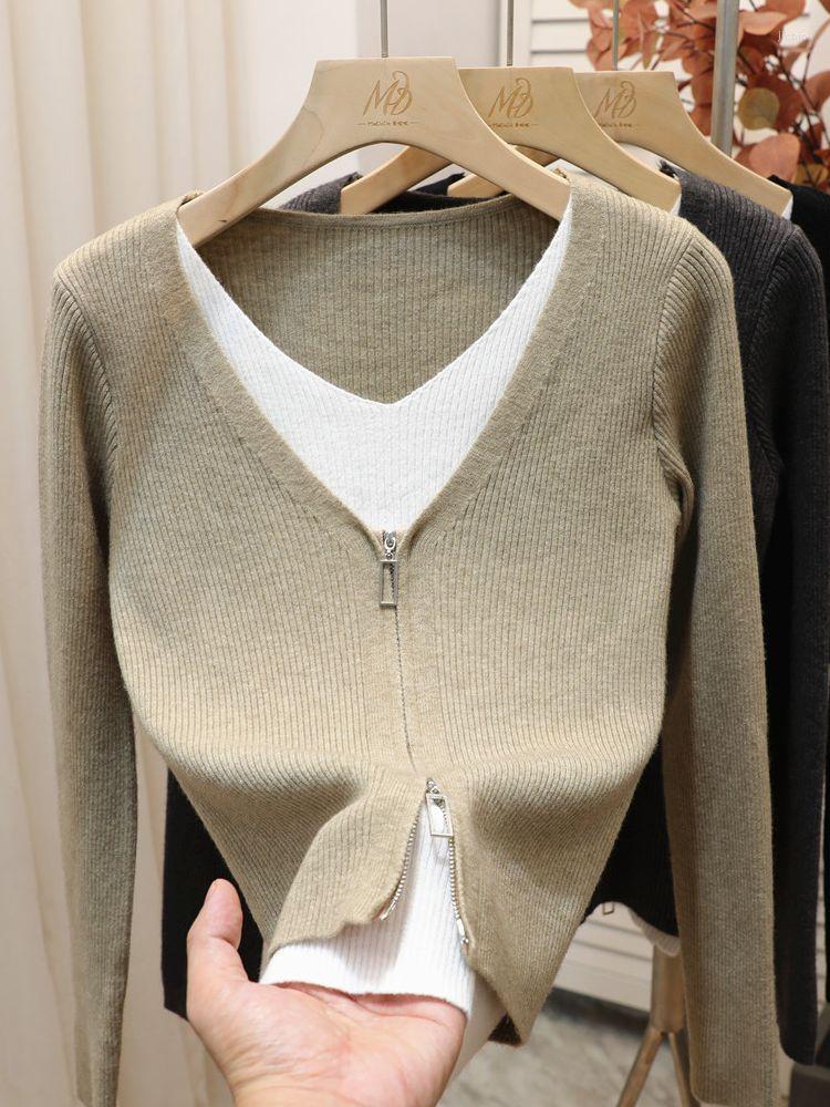 Womens Sweaters Women Connected V-neck Knitting Pullovers Girls One-Piece Full Sleeve Knitwear Clothing Femme Casual Jumpers