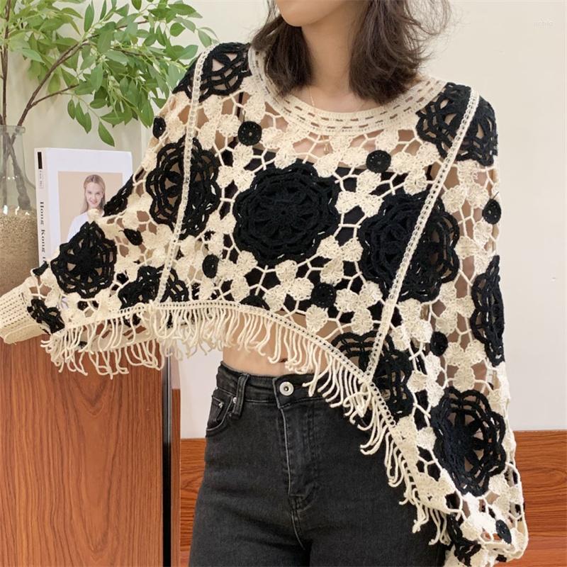 Womens Sweaters Korean Cropped Knit Sweater Spring Autumn Fashion Sweet Long Sleeve Casual Crochet Tassels Hollowed Out Pullover For Women
