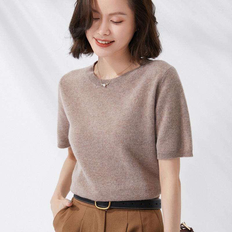 Womens Sweaters Pullover Spring/Summer Wool Sweater Short Sleeve Casual Solid Color Round Neck T-Shirt Ladies Top