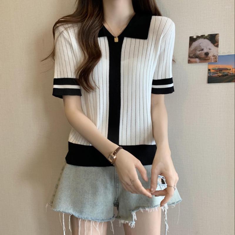 Womens Sweaters 2024 European And American Fashion Contrast Polo Neck Knit Short Sleeve Top