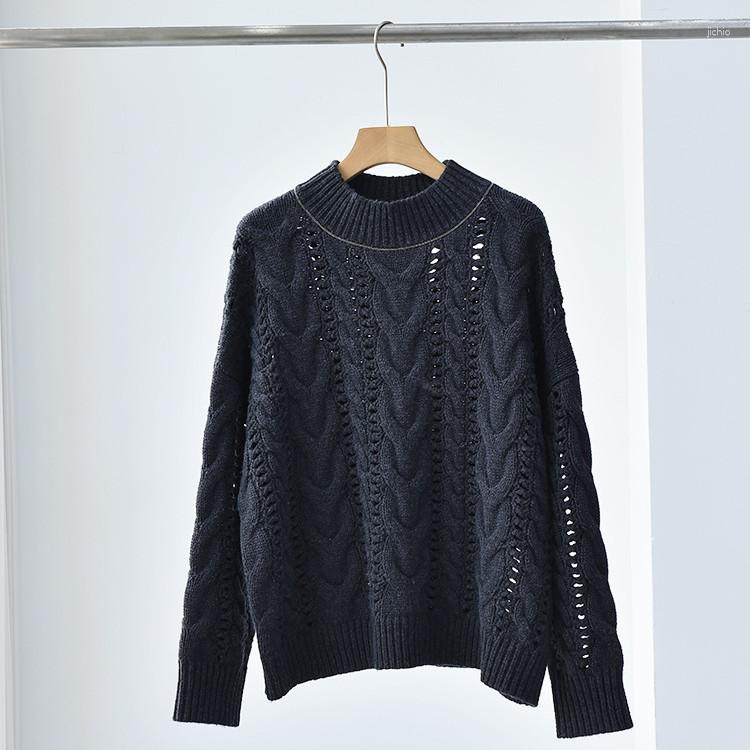 Womens Sweaters Women Sweater Hollow Out Twisted Temperament Long Sleeve O-neck Solid Beading Pullover Jumper Wool Casual Spring 2023