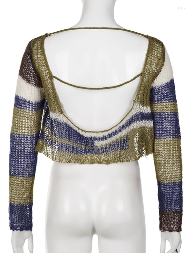 Womens Sweaters Distressed Crochet Sweater Grunge Striped Print Loose Smock Casual Streetwear Knitted Jumpers Women Fashion Pullover