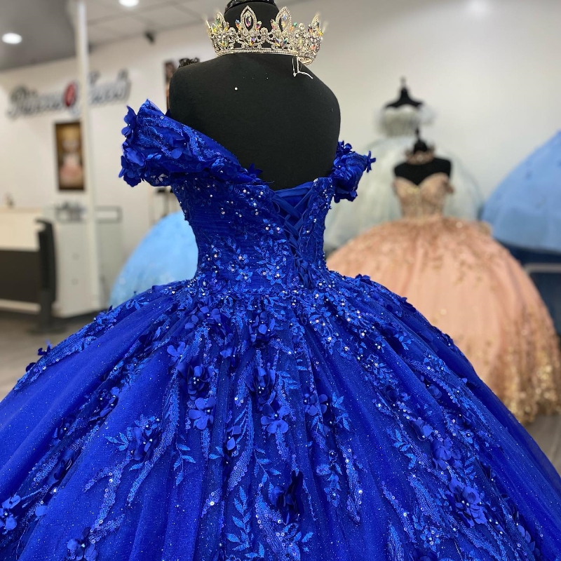 Blue Shiny V-Neck Crystal Beading Appliques Quinceanera Dresses Ball Gown Off The Shoulder Corset Vestidos De 15 Anos
