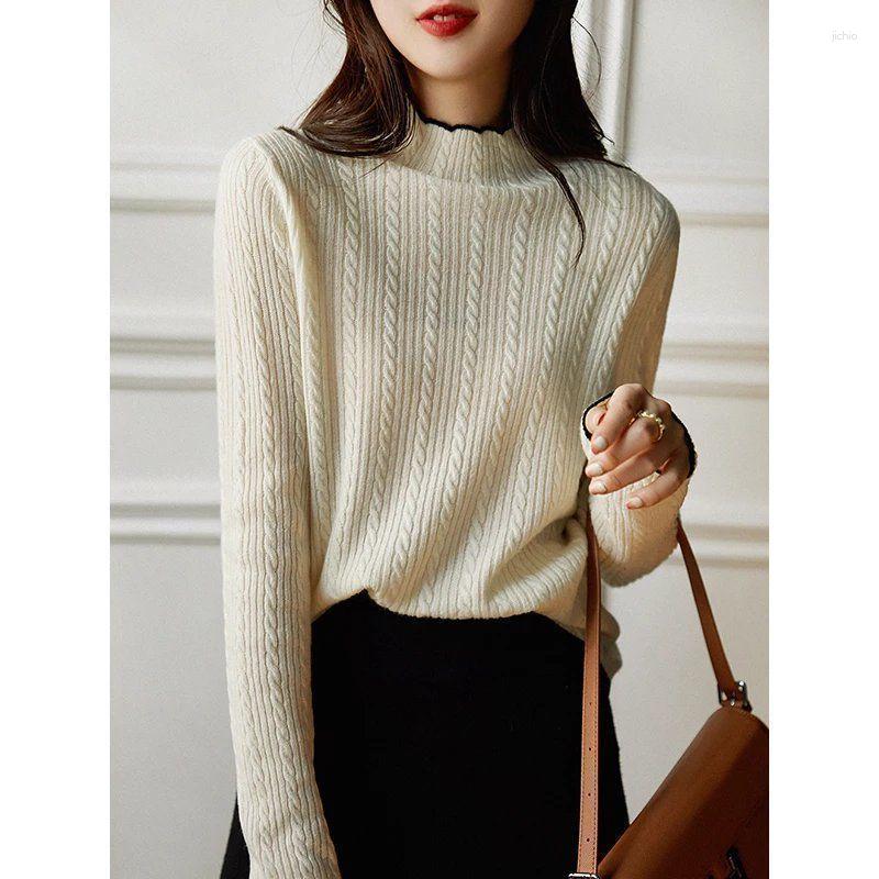 Womens Sweaters Vintage Fashion Autumn Winter Half High Neck Sweater For Women Slim Fit Pit Stripe Solid Color Comfortable Underlay Top