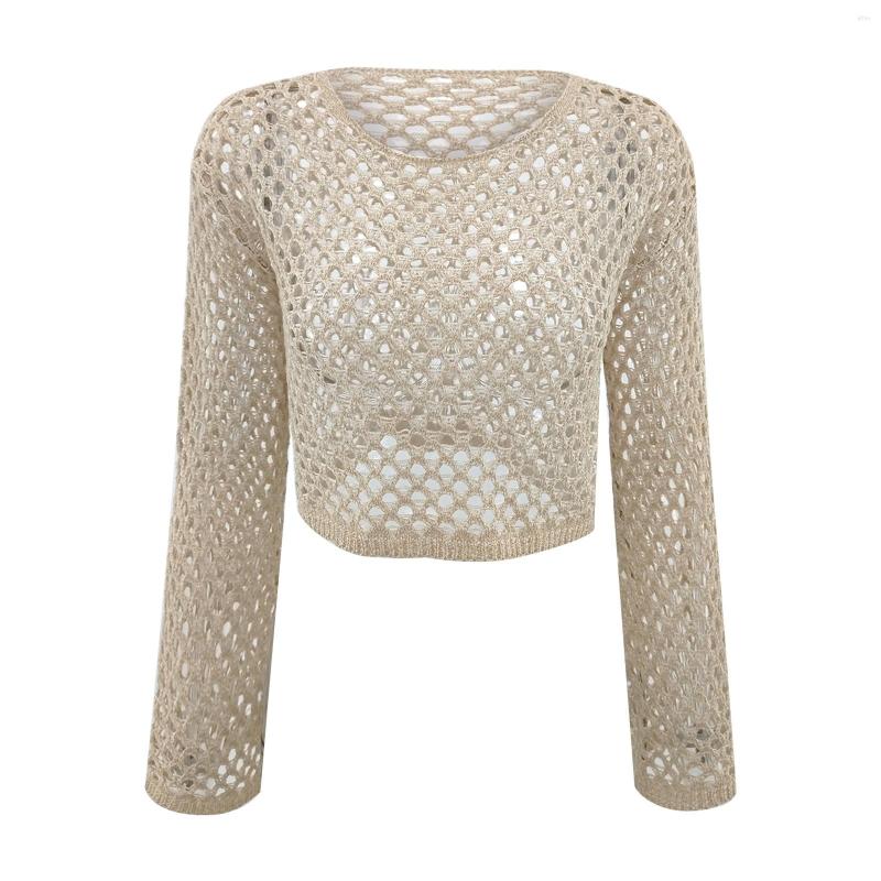 Womens Sweaters Ladies Knitwear Bell Sleeve Loose Round Neck Hollow Cropped Top