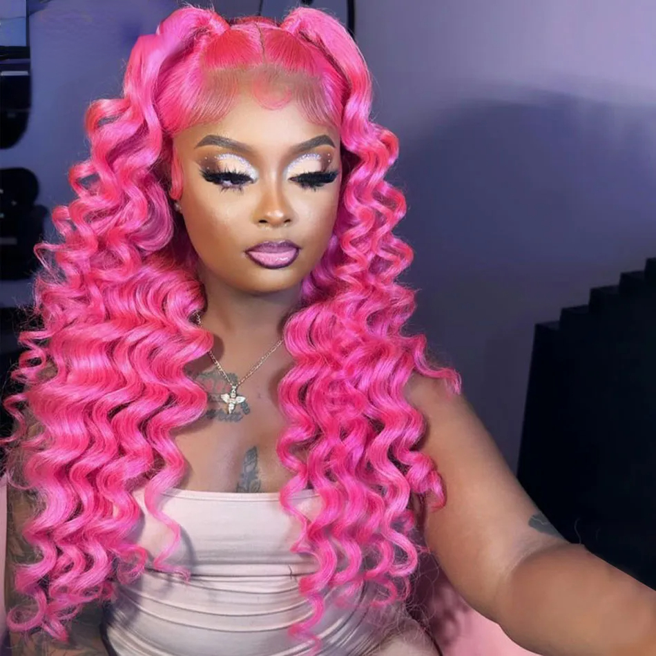 Rose Pink Deep Wave Lace Frontal Wig HD 360 Full Lace Front Simulation Human Hair Wigs Brazilian 613 Honey Blonde/Grey /Blue Cosplay Lace Closure Wig