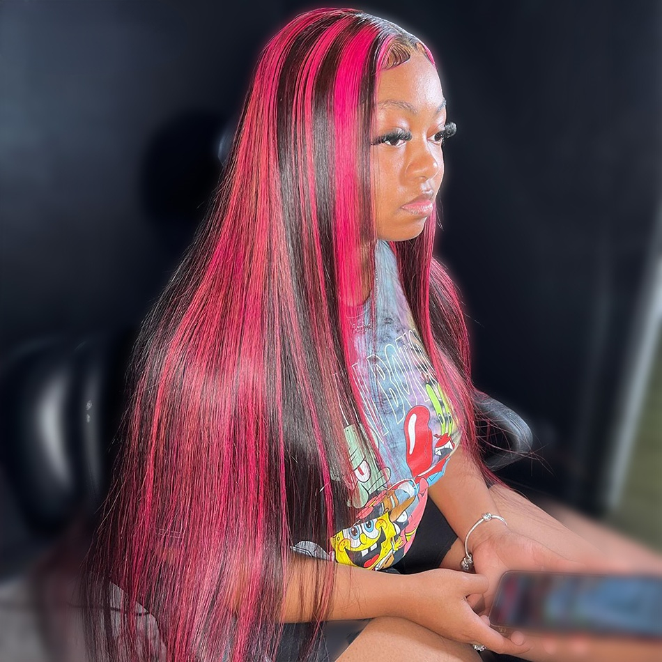 Brazilian Pink Highlight Colored Wig 360 Lace Front Human Hair Wigs HD Transparent Lace Frontal Wig Long Straight Synthetic Wig For Women