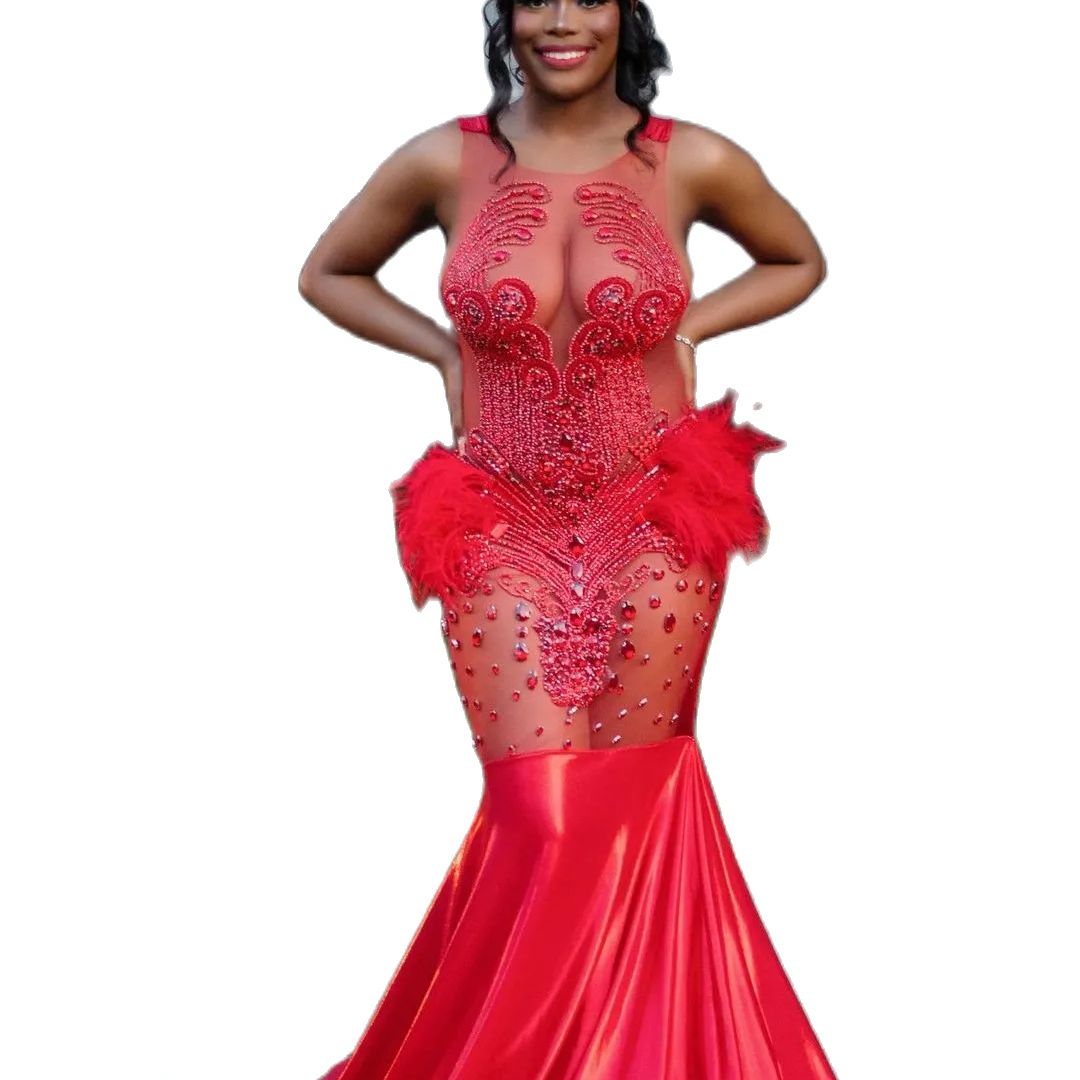 Plus Size Arabic Red Mermaid Evening Dresses Beaded Sequins Feather Formal Party Prom Gowns Sexy See Through Dress