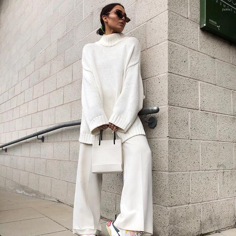 Womens Sweaters 2023 Long Oversized Pullover Sweater High Collar Loose Sleeve Coat Ins Knitted Solid Color Simple Top