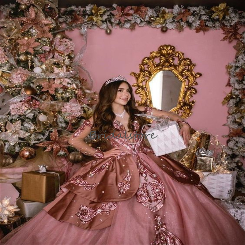 Luxury Pink Vestidos De 15 Quinceanera Dress 2024 Princess Sequin Ball Gown Sweet 15 Birthday Dress Glitter Xv Charro Prom Gowns Vestidos 16 Debutante