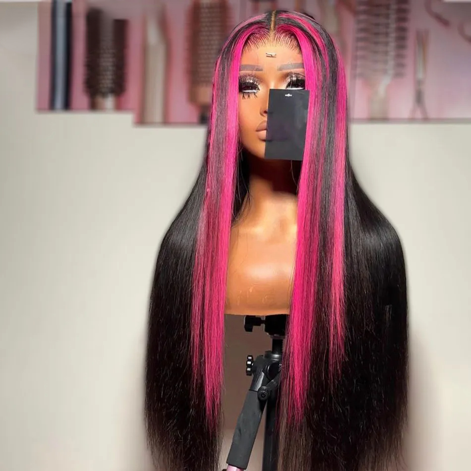 Brazilian Pink Highlight Colored Wig 360 Lace Front Human Hair Wigs HD Transparent Lace Frontal Wig Long Straight Synthetic Wig For Women